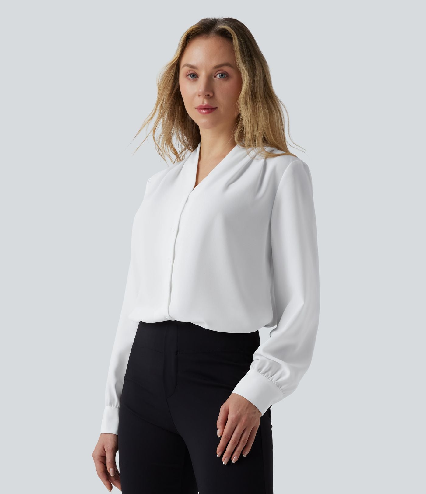 Chemise de travail décontractée col V manches longues avec boutonnage