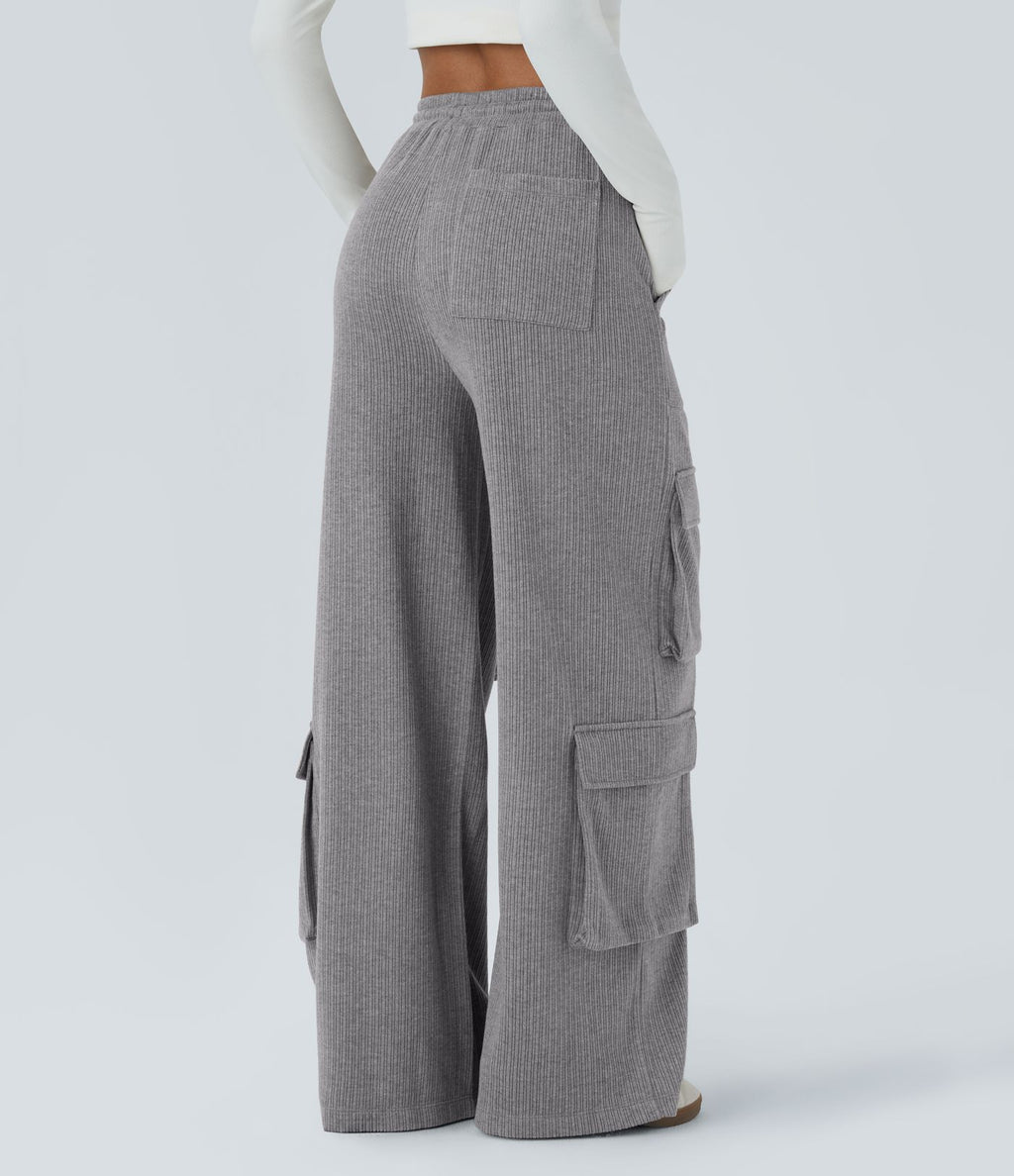 Pantalon cargo décontracté large à cordon côtelé, taille mi-haute, avec poches