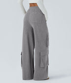 Pantalon cargo décontracté large à cordon côtelé, taille mi-haute, avec poches