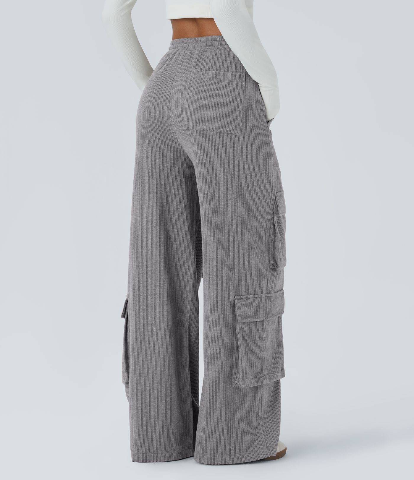 Pantalon cargo décontracté large à cordon côtelé, taille mi-haute, avec poches