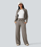 Pantalon jogging large décontracté côtelé gainant taille haute avec cordon de serrage et poches