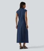 Halara Flex™ Robe décontractée en jean midi col V sans manches froncée avec boutonnière