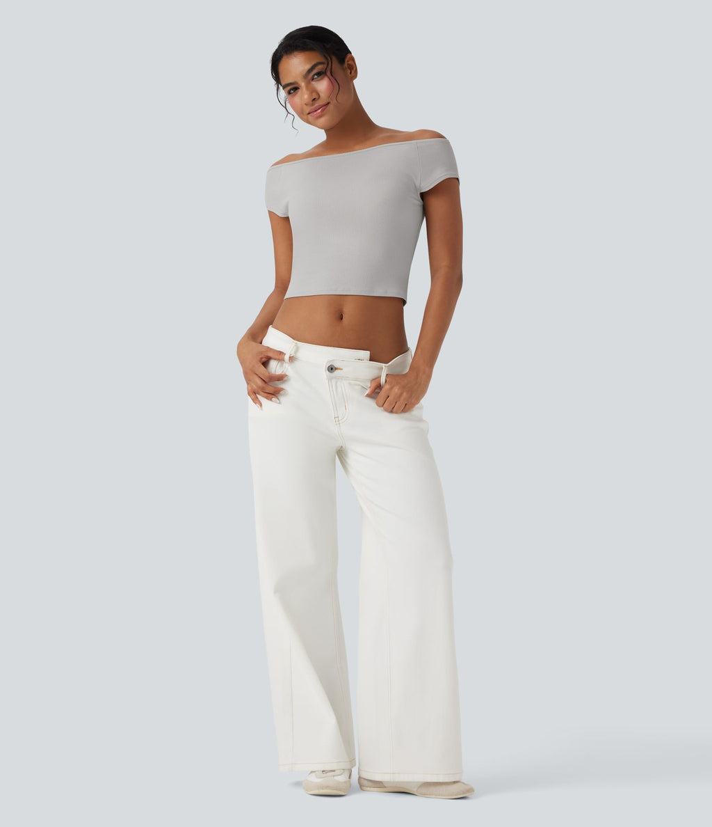 Haut casual crop tricot côtelé col bateau manches courtes