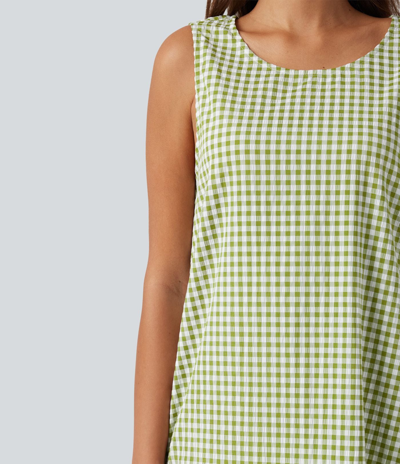 Robe débardeur midi décontractée en vichy froissé, col rond, sans manches, à poches