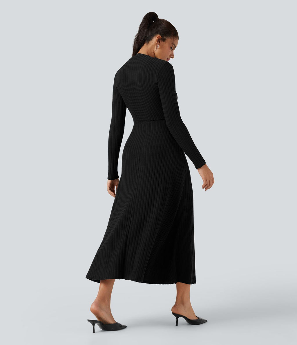 Robe mi-longue côtelée manches longues avec poches