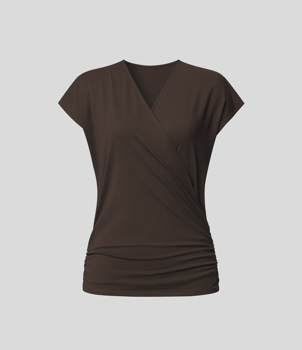 Blouse Travail Unie Froncée Croisée Manches Courtes Col en V