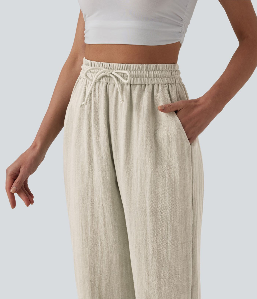 Jogging casual large ample taille haute aspect lin à cordon de serrage avec poches