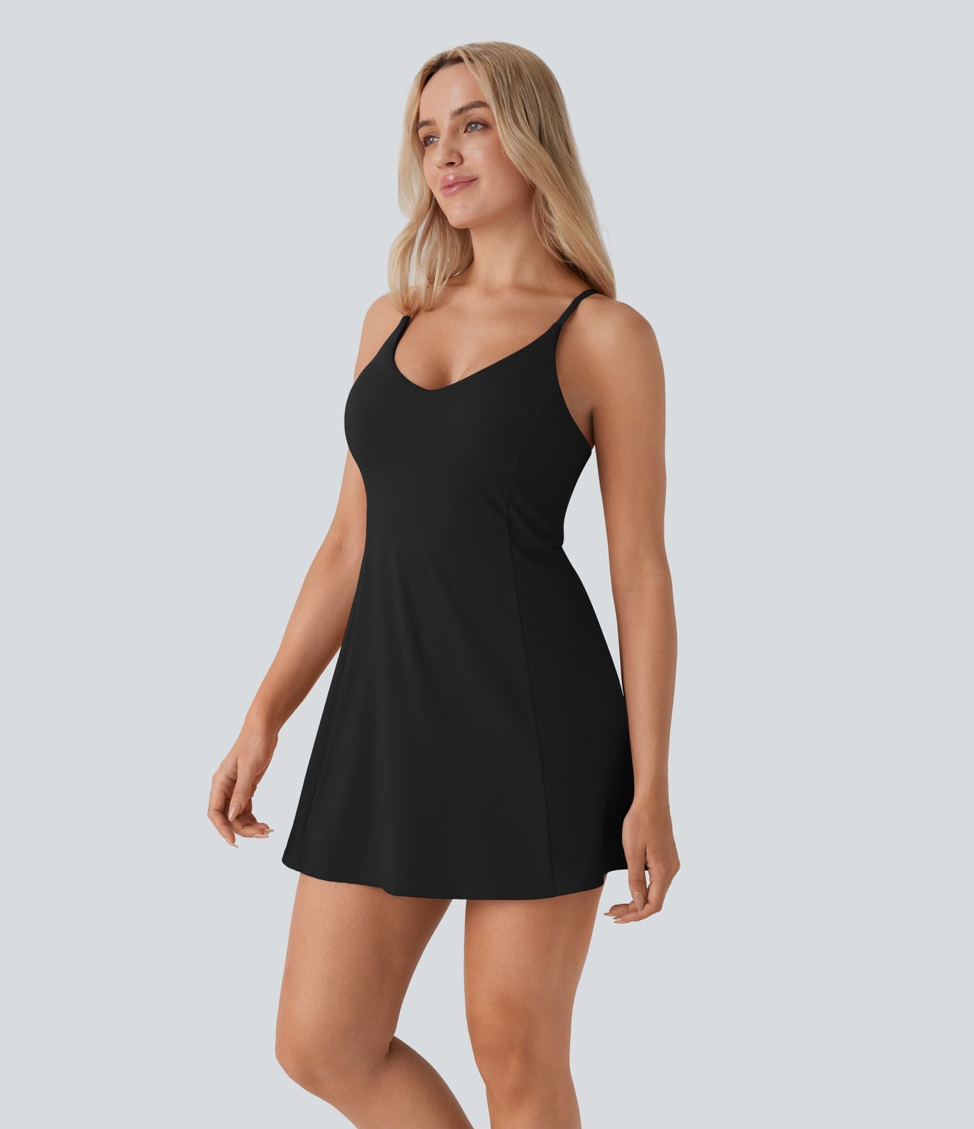 Softlyzero™ Airy Robe de danse courte évasée dos-nu 2-en-1 avec dos nageur, bretelles ajustables et poches latérales - Édition Easy Peasy