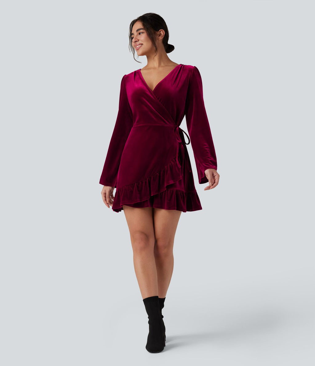 Robe mini velours portefeuille col V volants manches longues