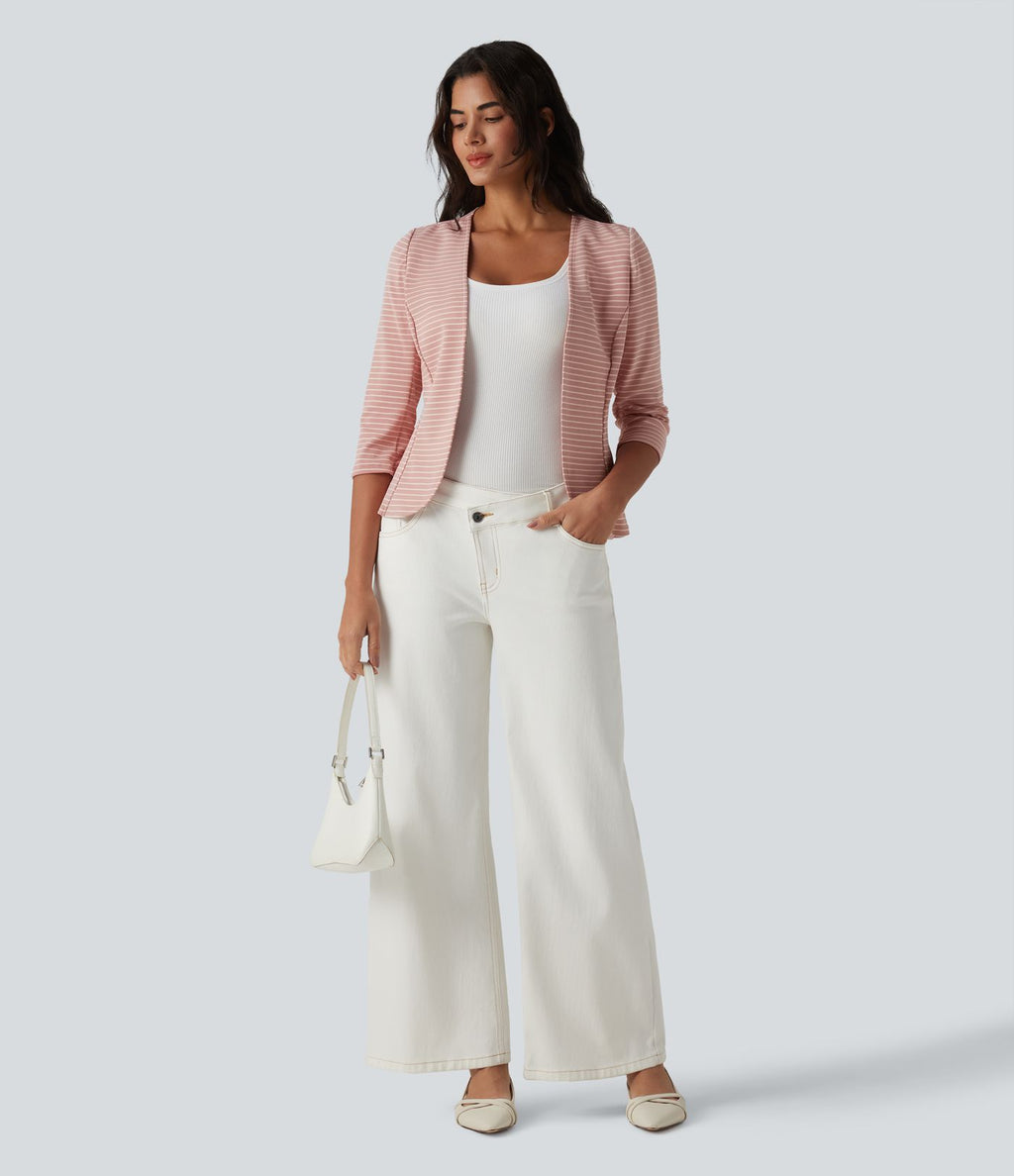 Blazer casual ouvert col V manches 3/4 à rayures en maille côtelée
