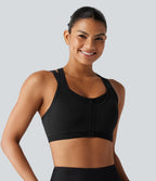Brassière de sport d'entraînement maintien moyen col rond échancré dos nageur avec fermeture éclair, mesh contrasté et coussinets non amovibles