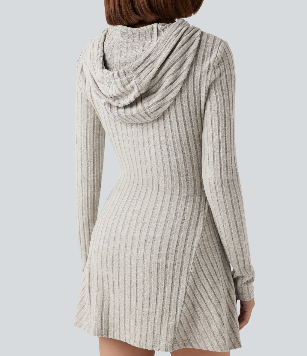 Robe décontractée mini à capuche maille côtelée manches longues avec cordon de serrage