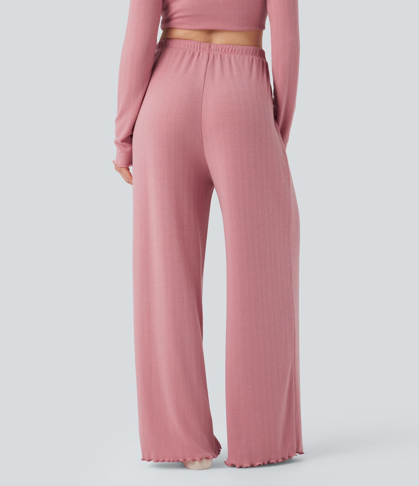 Pantalon détente taille haute coupe droite finitions plissées pointelle avec cordon de serrage