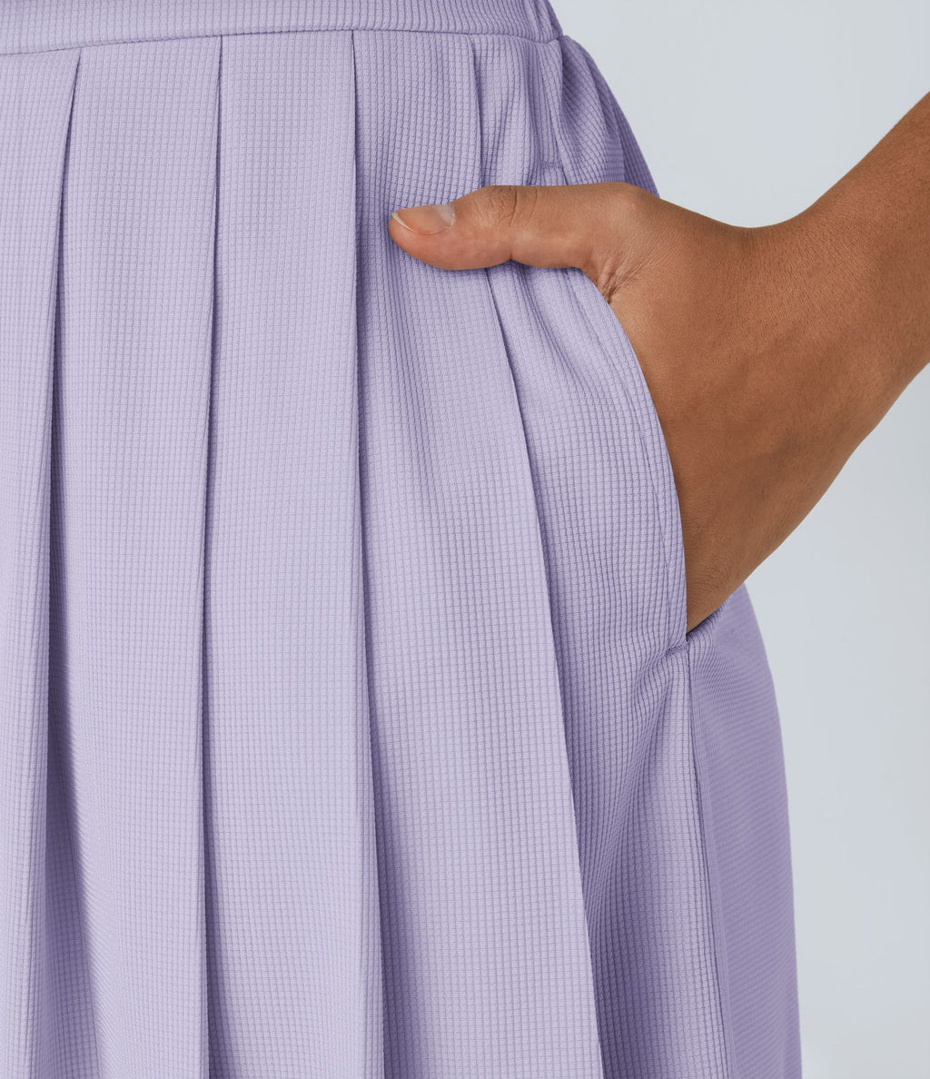 Combishort Fluide Col en V Plissée Manches Courtes Poche Latérale Gaufrée