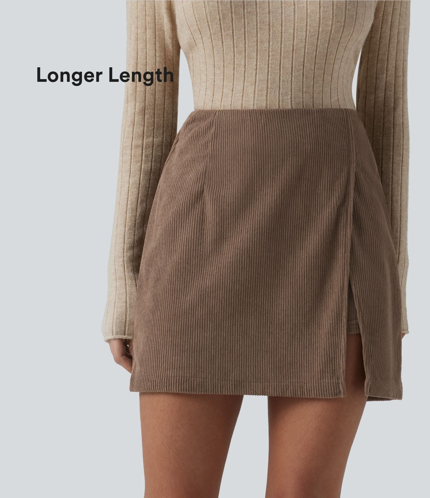 Jupe-short décontractée taille haute en velours côtelé avec zip arrière et fentes - Longueur plus longue