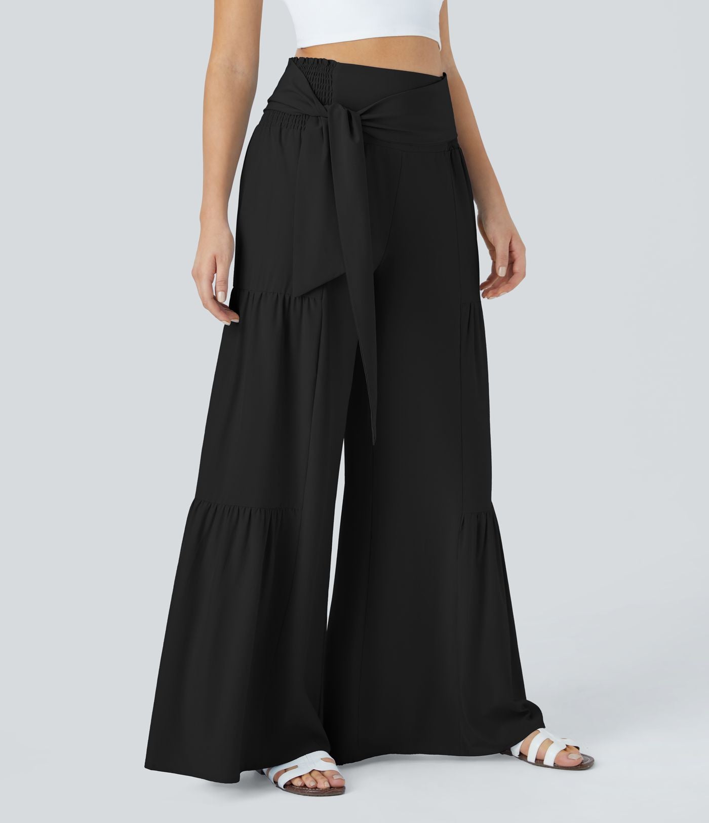 Breezeful™ Pantalon Large Casual Taille Haute Froncé à Nouer Devant et Dos Fluide Séchage Rapide