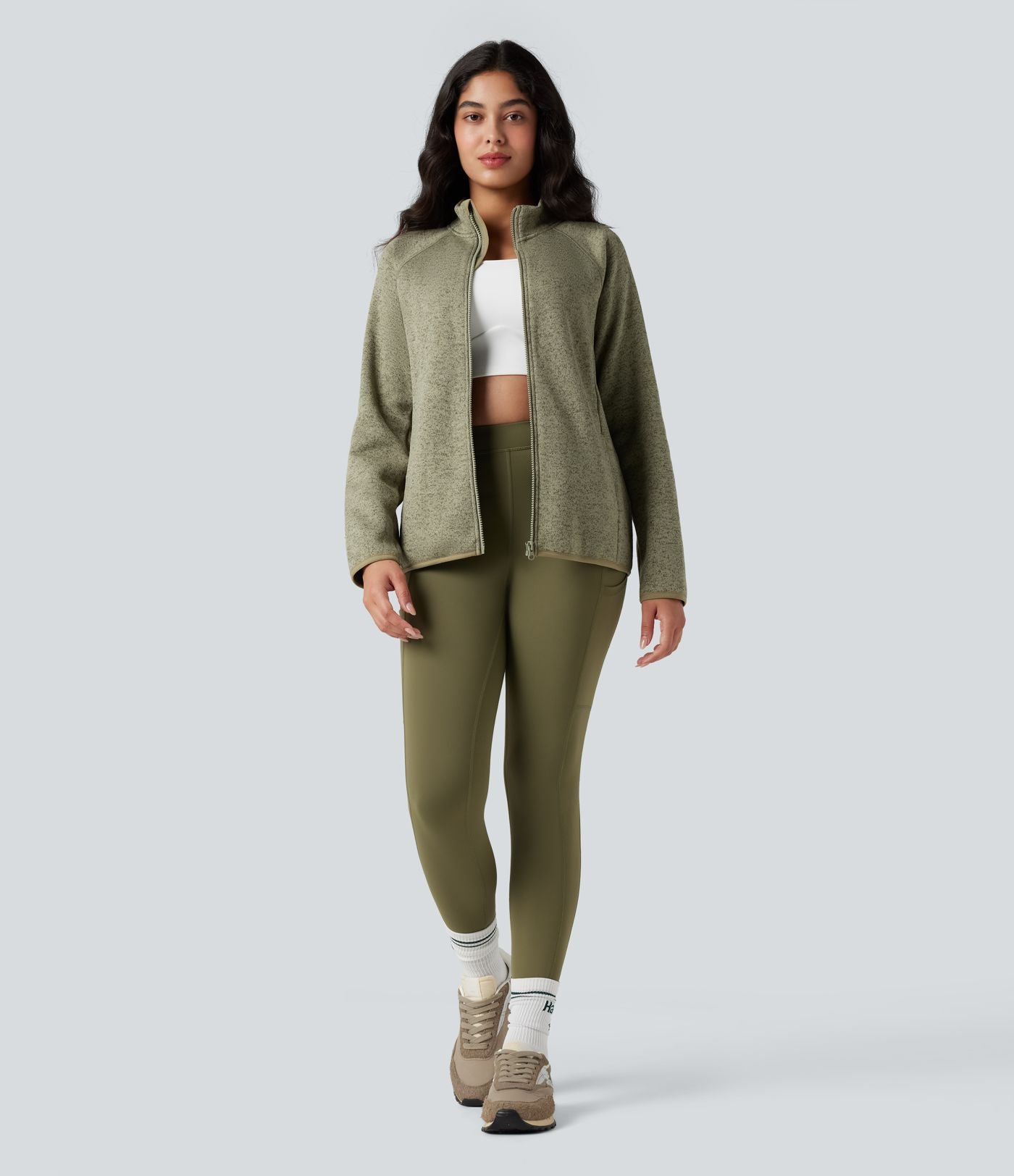 Veste polaire de randonnée chiné col montant manches longues avec fermeture éclair et poches
