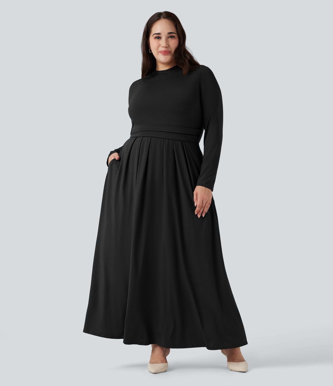 Robe décontractée maxi évasée grande taille col montant manches longues avec poches