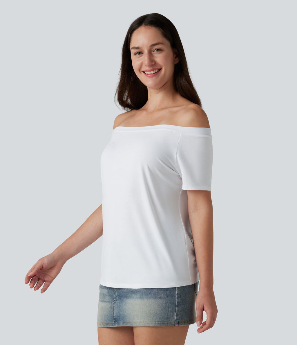 T-shirt casual col épaules dénudées manches courtes