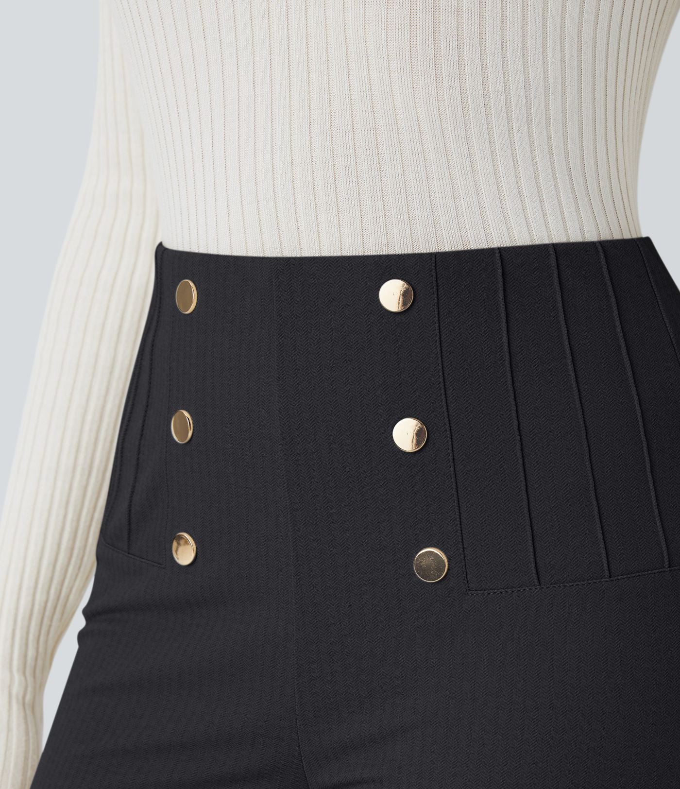 Pantalon tailleur skinny gainant taille haute à chevrons avec poches arrière zippées décoratives