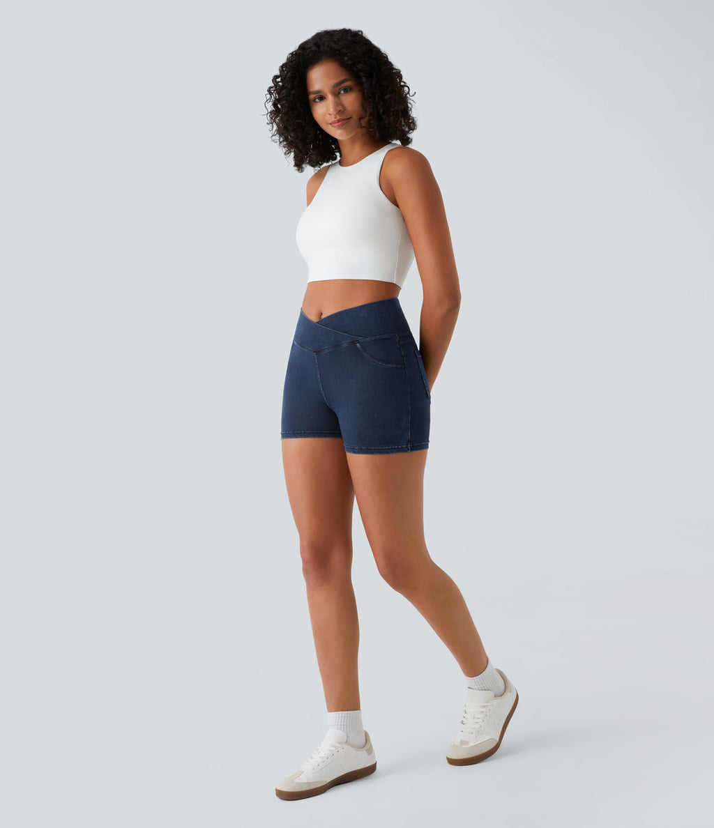 Halara Flex™  Shorts 7,5cm Denim Casual Taille Haute Poches Latérales Croisées en Maille Extensible