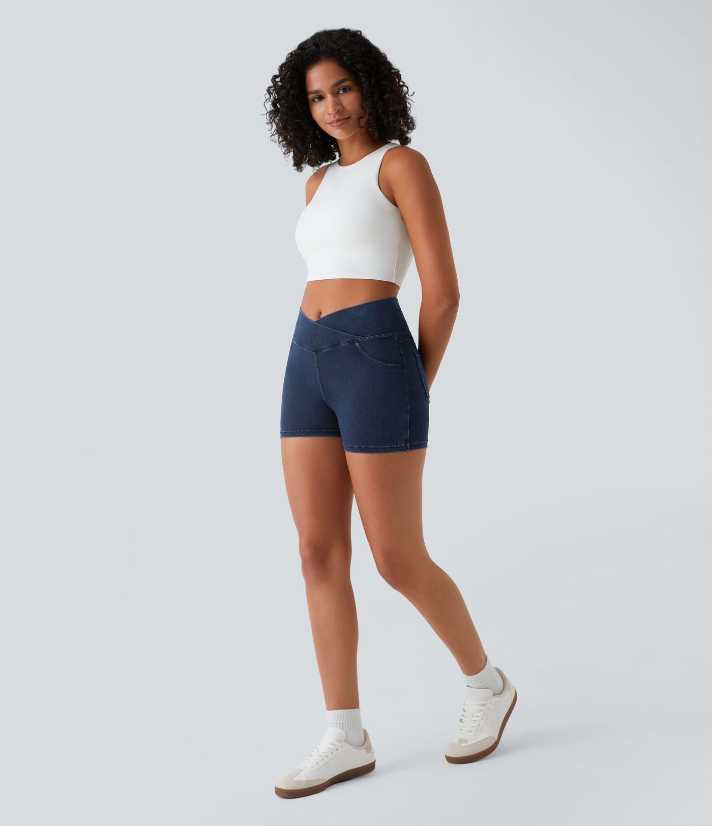 Halara Flex™  Shorts 7,5cm Denim Casual Taille Haute Poches Latérales Croisées en Maille Extensible