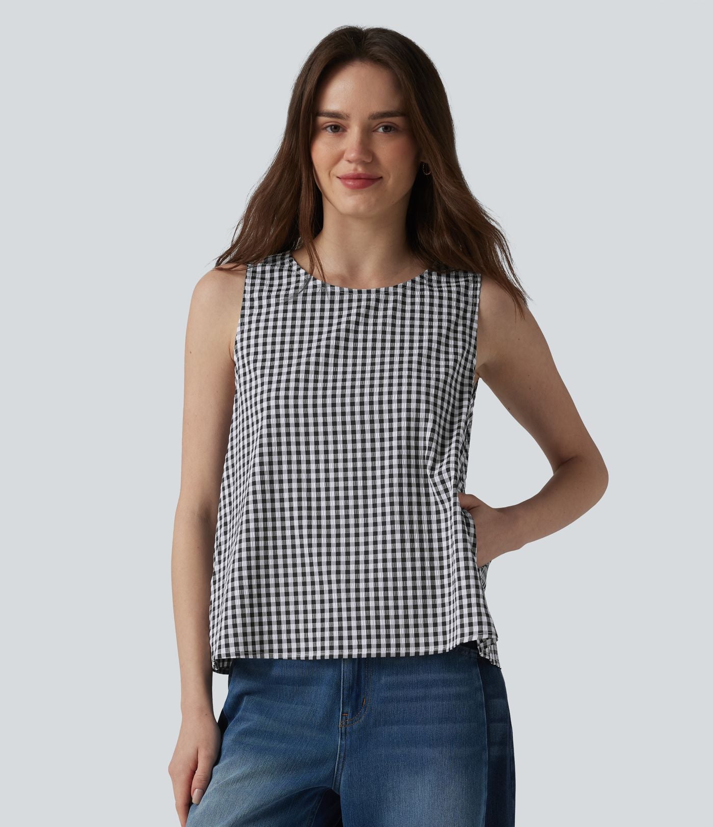 Débardeur casual col rond en vichy froissé avec poches