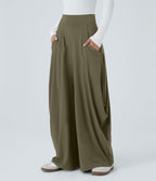 Pantalon décontracté drapé à poches multiples et taille moyenne, jambe large