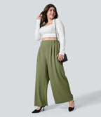 Halara Flex™ Pantalon tailleur Grande taille à Taille Haute, Poches Latérales Plissées, Jambes Larges, en Tissu Gaufré