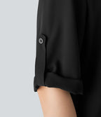 Chemise Travail à Col en V Boutonnée Manches Trois Quarts et Ourlet Courbé