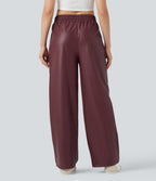 Pantalon décontracté tissu enduit taille haute coupe droite avec poches