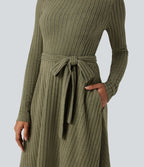 Robe côtelée ceinturée col rond manches longues avec poches