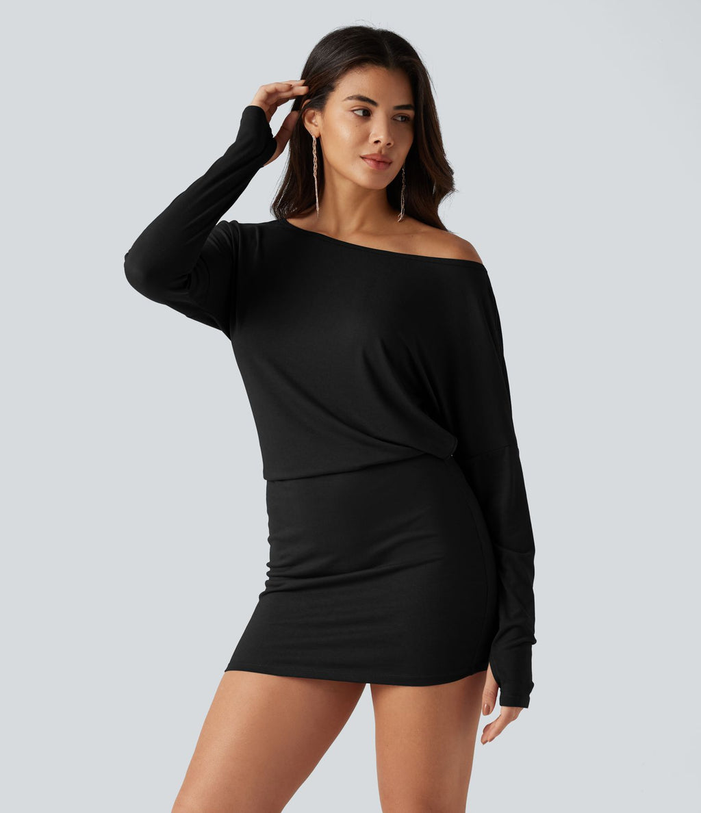 Robe mini moulante froncée à une épaule avec manches longues et passe-pouces