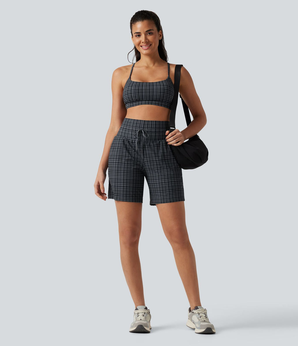 Short de yoga 2-en-1 ultra taille haute UltraSculpt™ à carreaux et cordon de serrage 17,5 cm avec poches