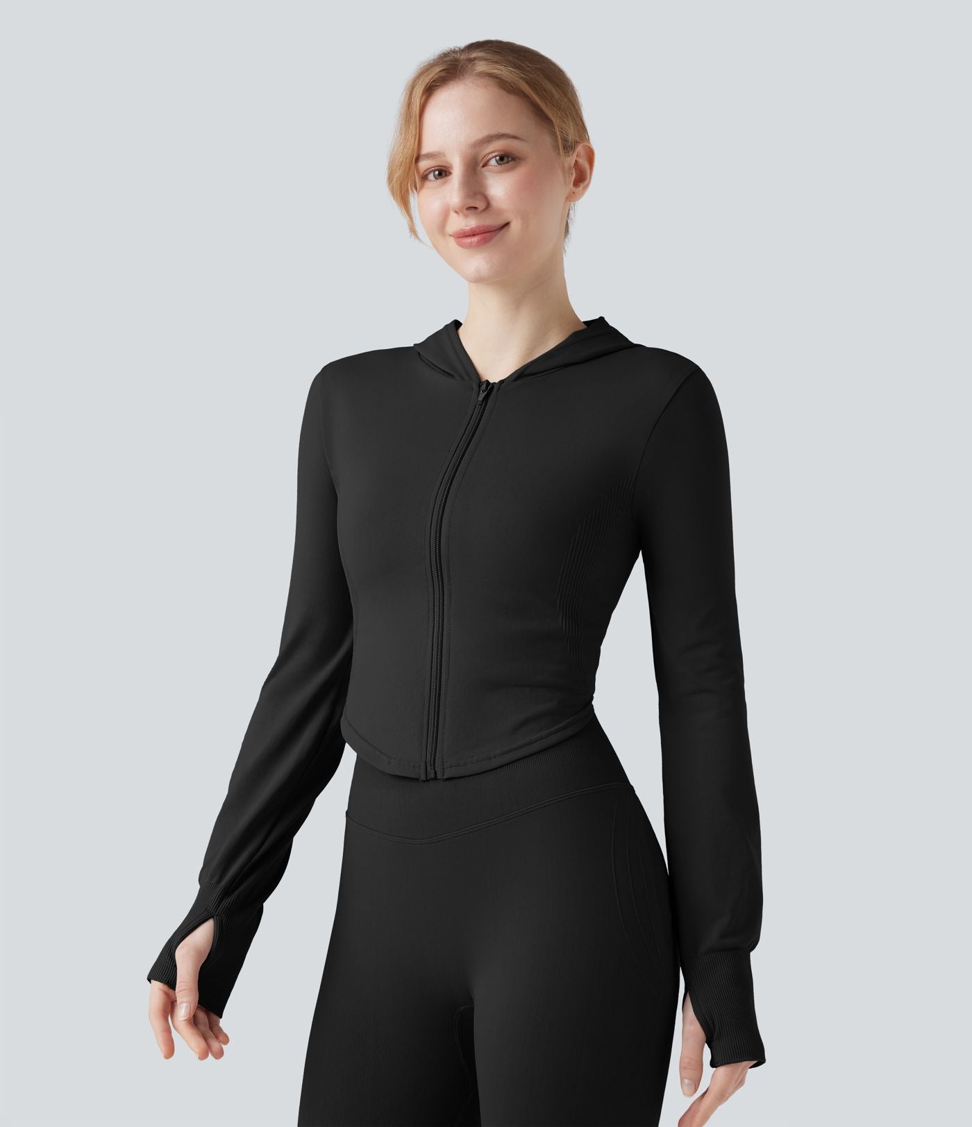Veste yoga à capuche zippée à manches longues avec passants pouces et ourlet arrondi sans couture OneForm Seamless Flow