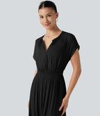 Robe midi décontractée fluide, col V, manches courtes