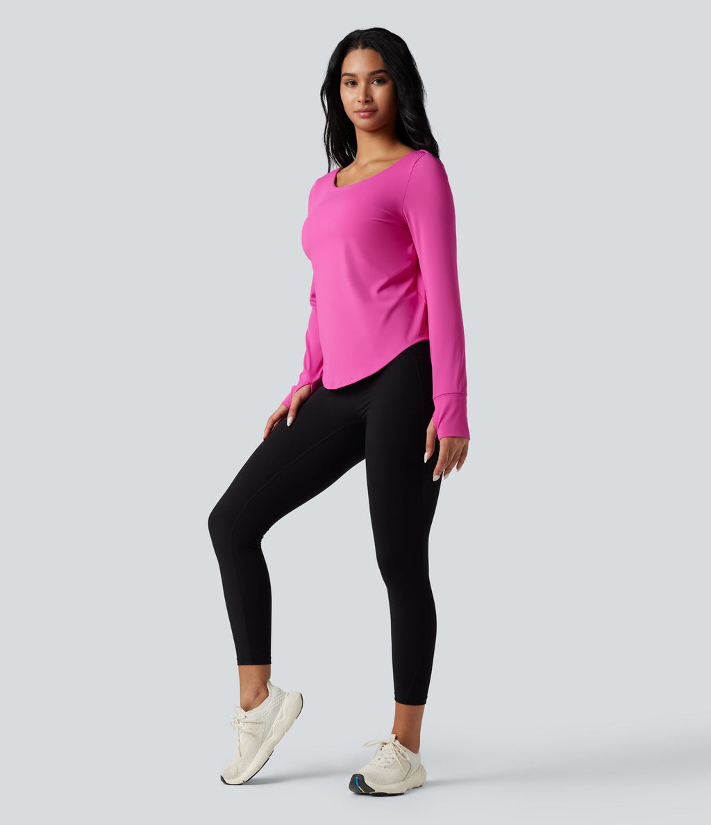 Top de sport yoga 2-en-1 SoftlyZero™ Airy dos nu croisé ourlet arrondi manches longues avec trous pouces - UPF50+