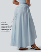 Jupe mi-longue décontractée fluide asymétrique taille haute à carreaux aspect lin avec poches