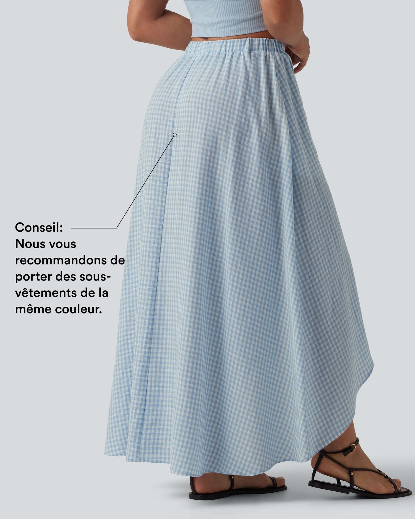 Jupe mi-longue décontractée fluide asymétrique taille haute à carreaux aspect lin avec poches