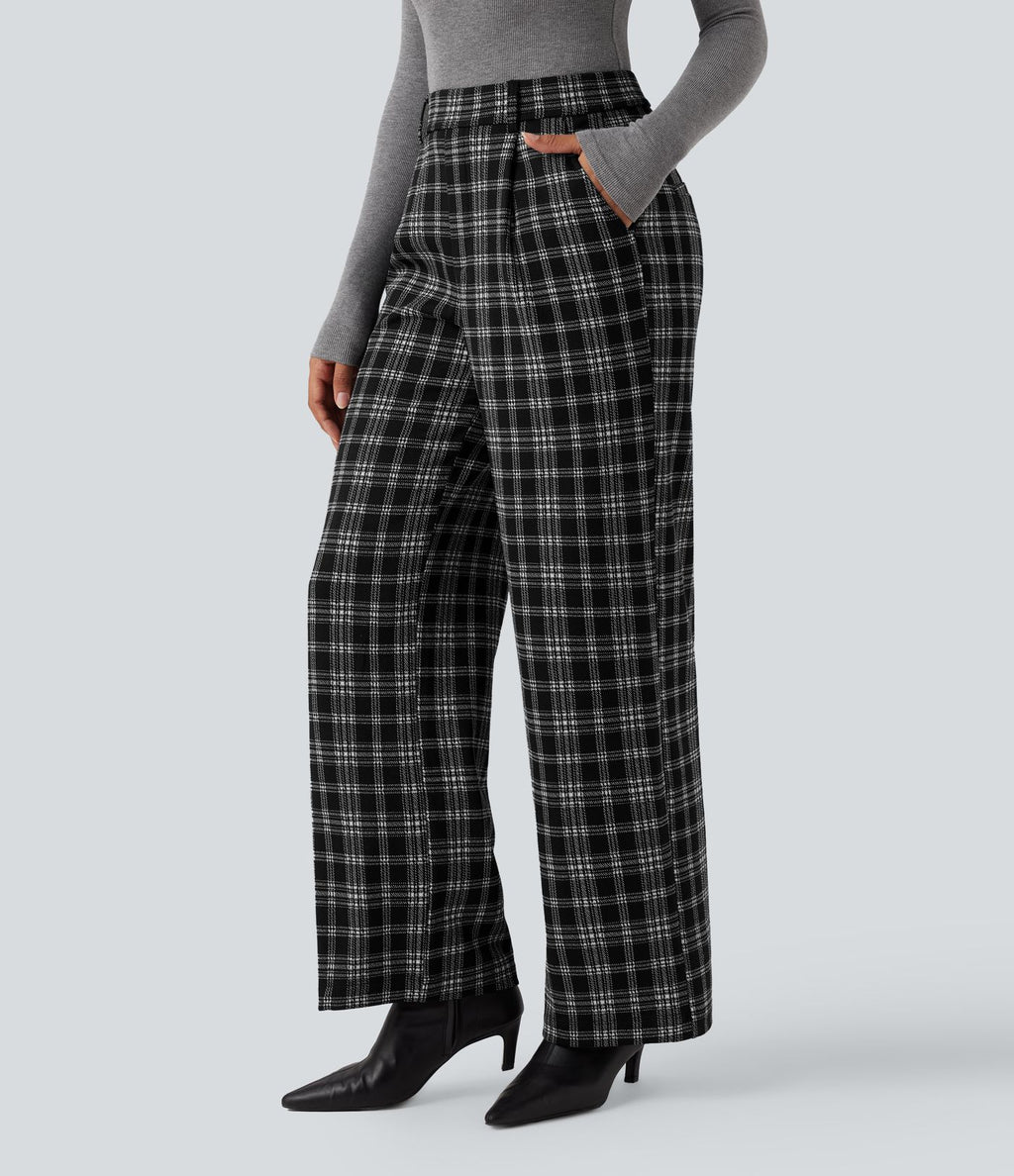 Pantalon tailleur droit Halara Flex™ taille haute pied-de-poule à carreaux avec poches