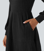 Robe décontractée maille côtelée décolleté carré manches longues bouffantes avec poches