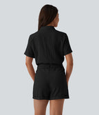 Combishort chemise manches courtes effet lin, avec ceinture et poche