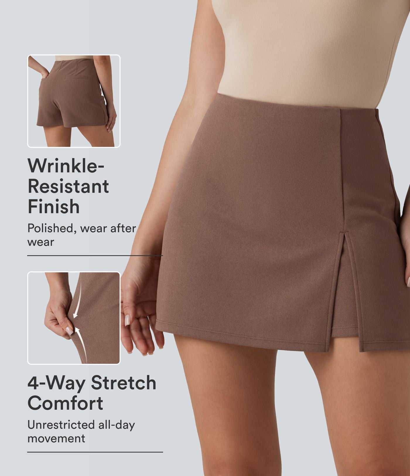 Jupe-short de travail fendue taille haute, infroissable et trapèze, avec poches