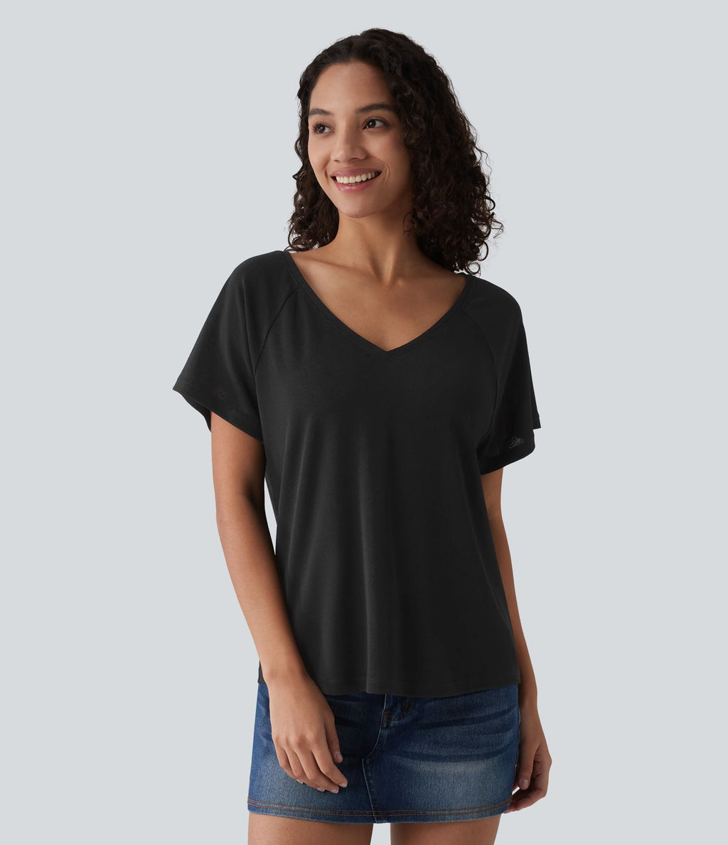 T-shirt casual col V manches raglan courtes coupe ample