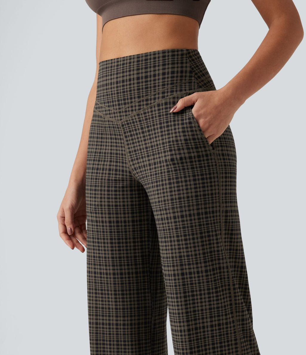 Pantalon de yoga droit Halara UltraSculpt™ taille haute gainant à motif tartan avec poches