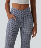 Pantalon évasé taille haute croisée ventre plat à carreaux en tissu froissé séchage rapide avec poches