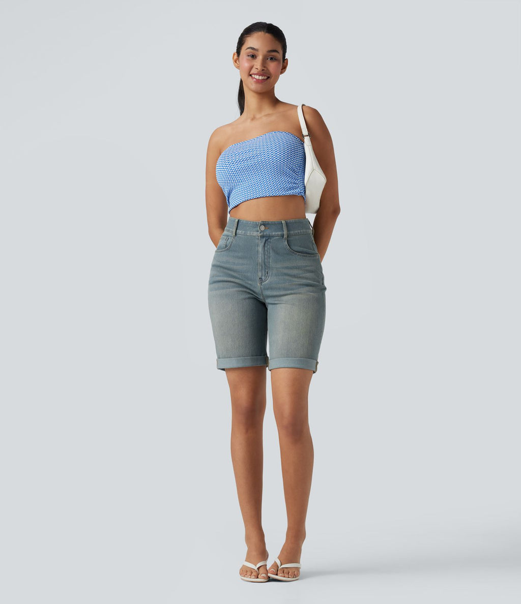 Bermuda décontracté en jean extensible délavé Halara Flex™ taille haute avec revers et multiples poches