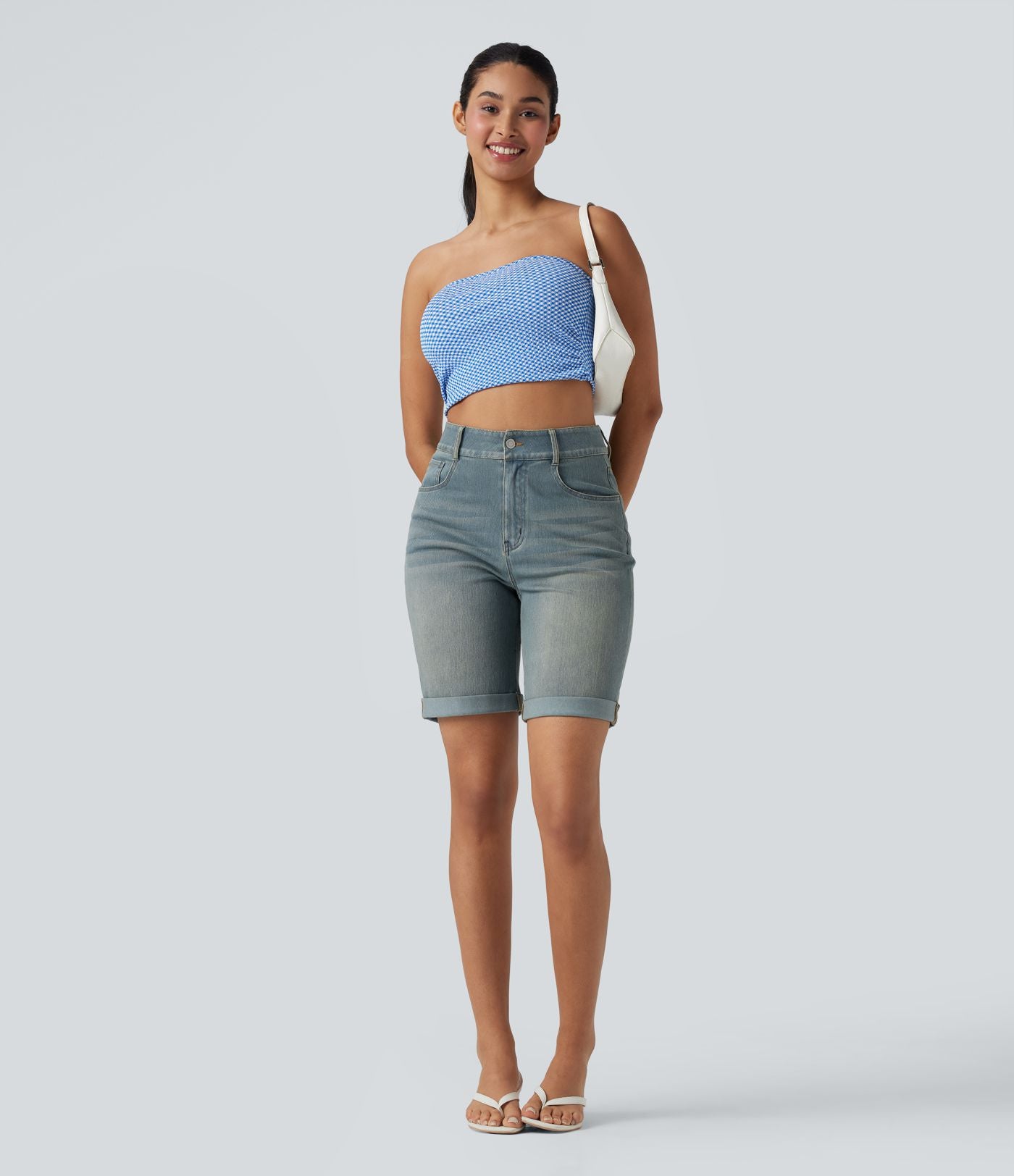 Bermuda décontracté en jean extensible délavé Halara Flex™ taille haute avec revers et multiples poches