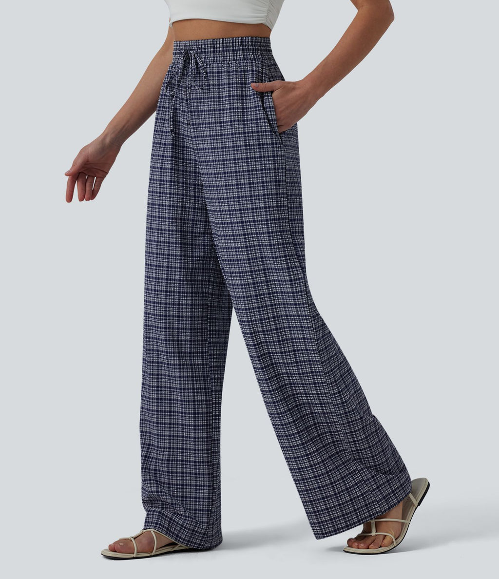 Pantalon large casual taille haute carreaux froissés à séchage rapide avec cordon de serrage et poches zippées