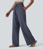 Pantalon large casual taille haute carreaux froissés à séchage rapide avec cordon de serrage et poches zippées